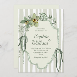 Hand Painted Sage Green Orchids Wedding Invitation