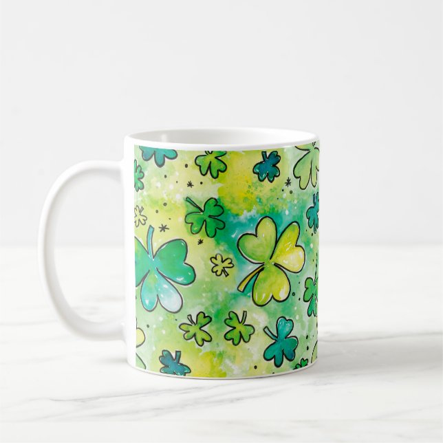 Hand-painted shamrock pattern featuring water colo coffee mug (Left)