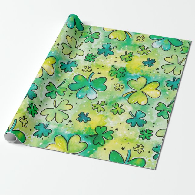 Hand-painted shamrock pattern featuring water colo wrapping paper (Unrolled)