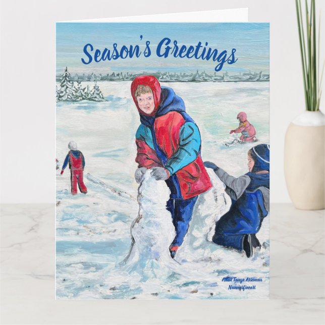  Hand Painted Snow Children Folded Greeting Card (Front)