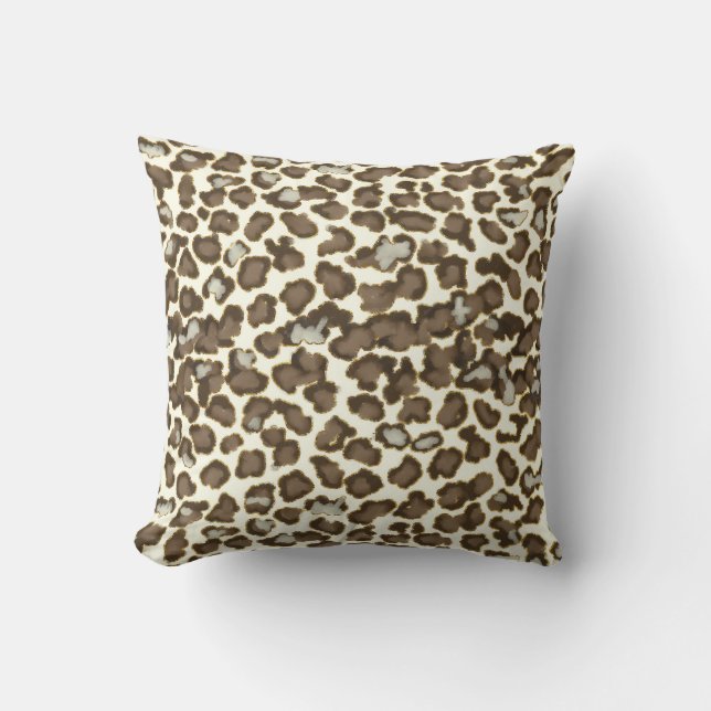 Hand Painted Snow Leopard Animal Skin Print Brown Cushion (Front)
