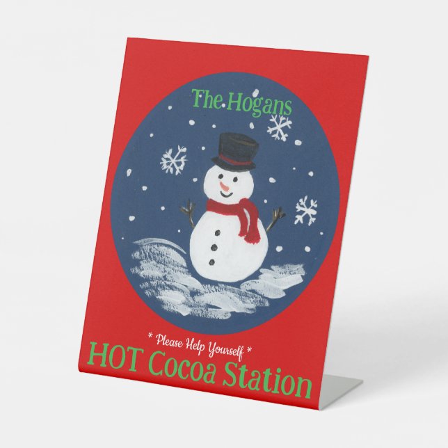 Hand Painted Snowman Red PERSONALIZE Hot Cocoa Pedestal Sign (Front)