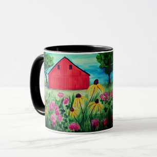 Hand painted spring floral country barn design mug