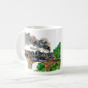 Hand Painted Steam Train Locomotive Watercolor Coffee Mug