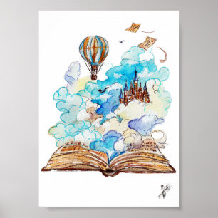 Hand Painted Storybook Flying Castle Watercolor Poster