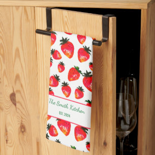 Hand-Painted Strawberry Personalised Boho Spring Tea Towel