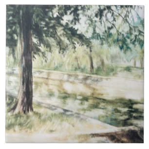 Hand painted summer landscape green trees river  tile