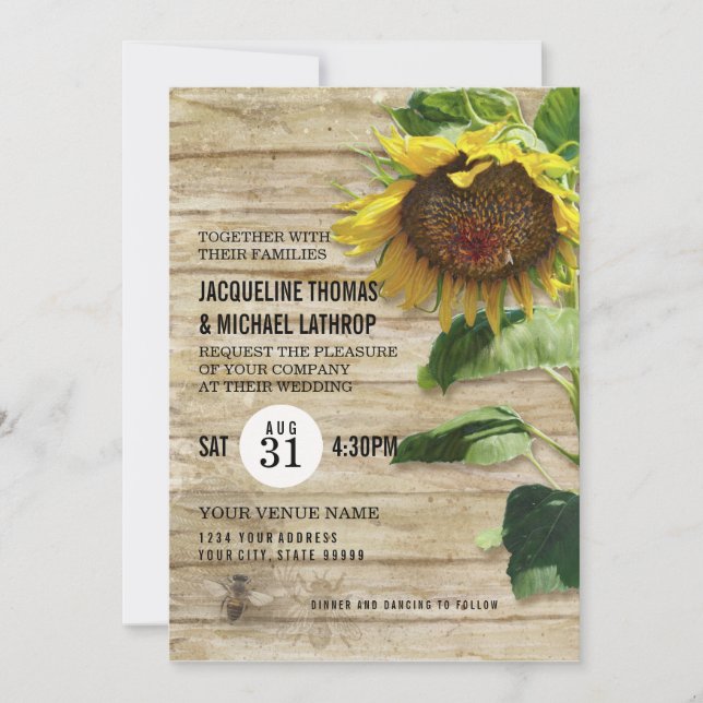 Hand Painted Sunflower Wooden Fence Bees Hive Invitation (Front)