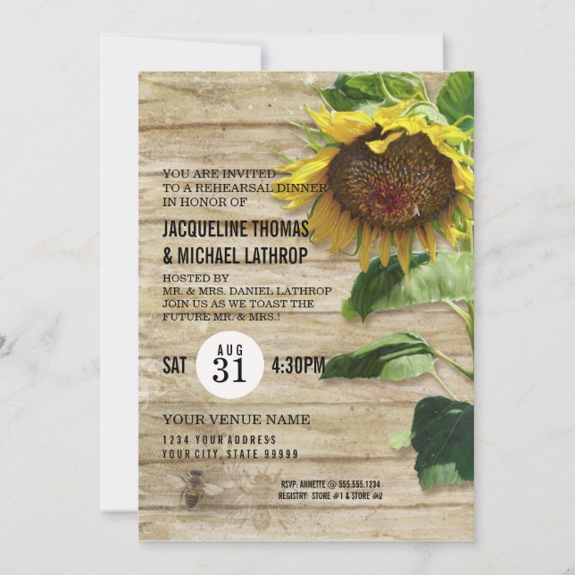 Hand Painted Sunflower Wooden Fence Bees Hive Invitation (Front)