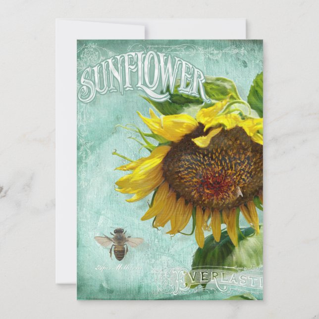 Hand Painted Sunflower Wooden Fence Bees Hive Invitation (Back)