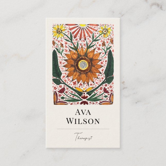Hand Painted Symmetrical Orange and Green Florals Business Card (Front)
