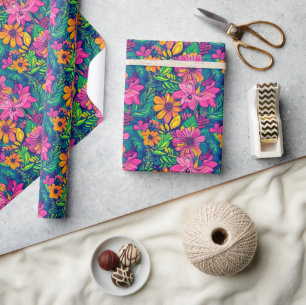 Hand-Painted Tropical Floral Pattern in Bold Pink Wrapping Paper