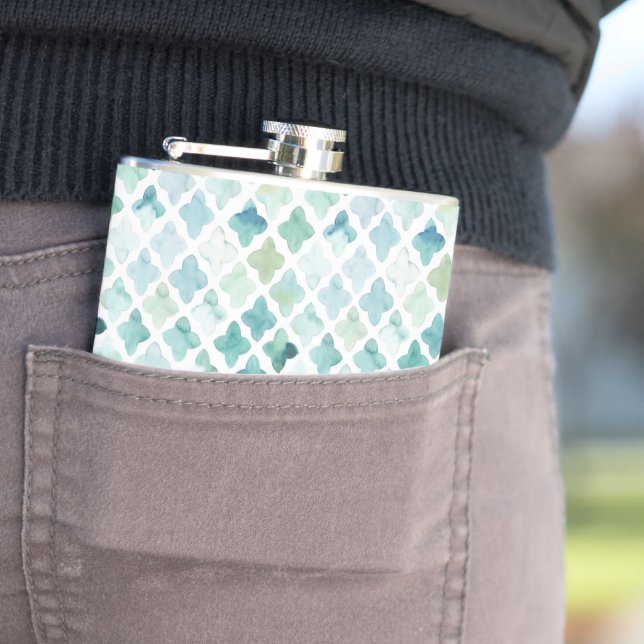 Hand Painted Turquoise Pattern Hip Flask (In Situ)