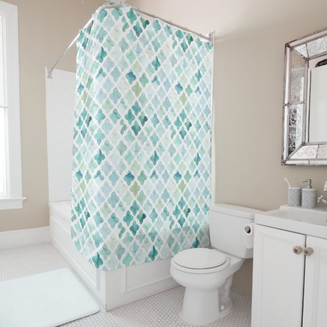 Hand Painted Turquoise Pattern Shower Curtain (In Situ)