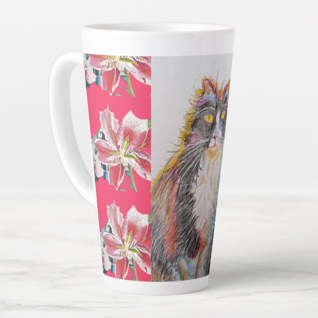 Hand Painted Tuxedo Cat floral Red Latte Mug (Left Angle)