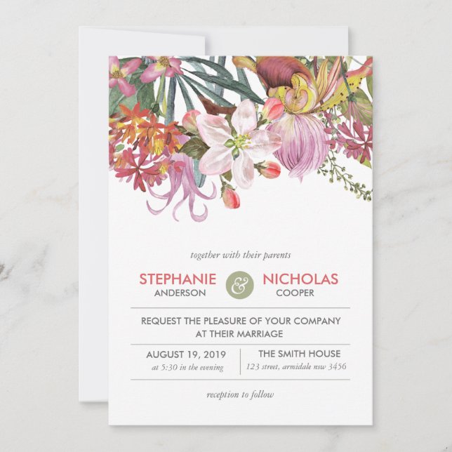 Hand painted water colour exotic flower wedding invitation (Front)