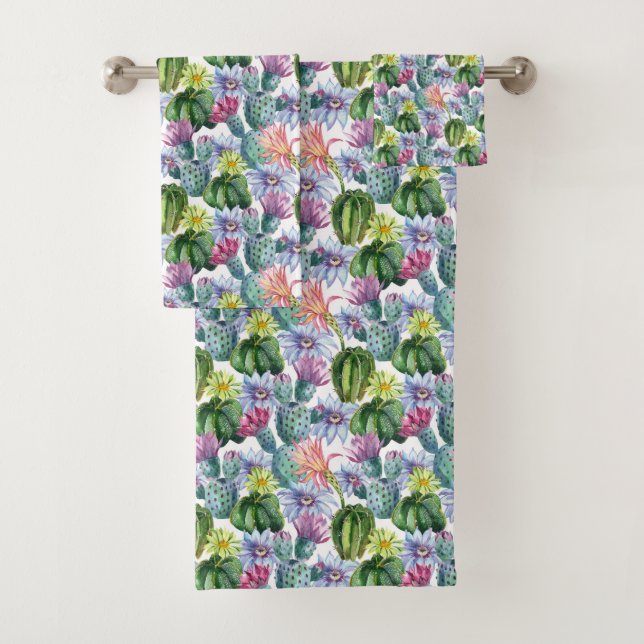 Hand Painted Watercolor Cactus Pattern Bath Towel Set (Insitu)