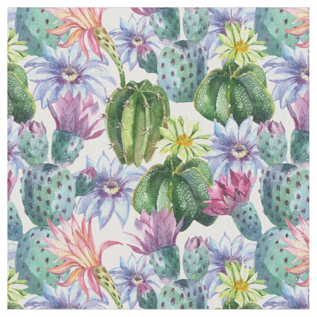 Hand Painted Watercolor Cactus Pattern Fabric (Close Up)