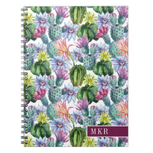 Hand Painted Watercolor Cactus Pattern Spiral Notebook