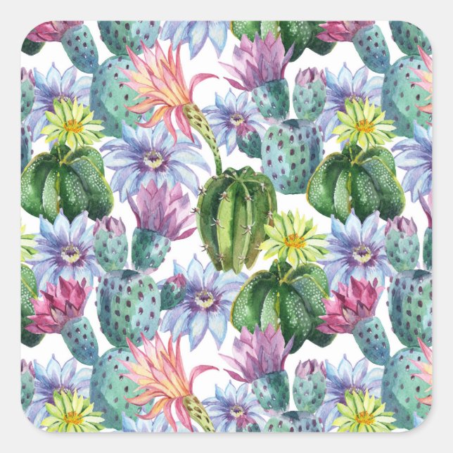 Hand Painted Watercolor Cactus Pattern Square Sticker (Front)