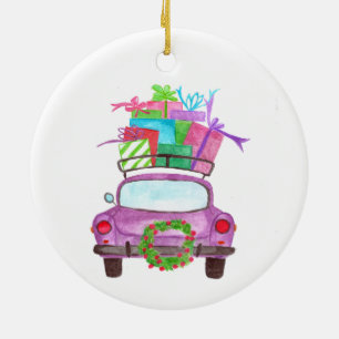 Hand painted watercolor Christmas car Ceramic Tree Decoration