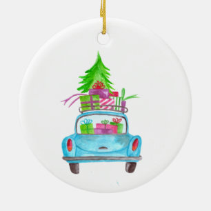 Hand painted watercolor Christmas car Ceramic Tree Decoration