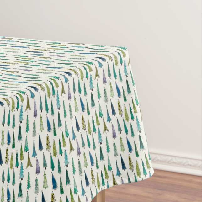 Hand-painted Watercolor Christmas Trees Tablecloth (In Situ)