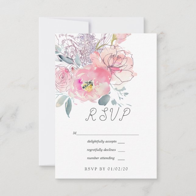 Hand Painted Watercolor Doodle Floral Wedding RSVP Card (Front)