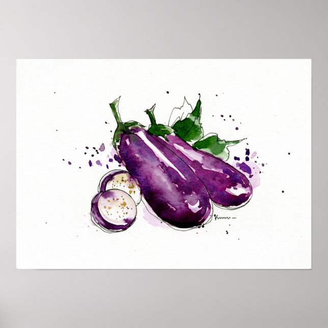 Hand painted watercolor Eggplant, Kitchen wall art (Front)