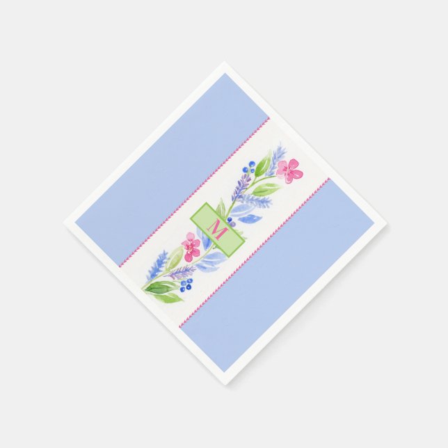 Hand Painted Watercolor Floral NAME Initial Blue Napkin (Corner)