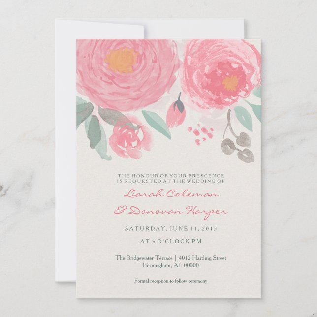 Hand painted watercolor floral wedding invitation (Front)
