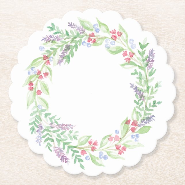 Hand Painted Watercolor Floral Wreath Paper Coaster (Front)