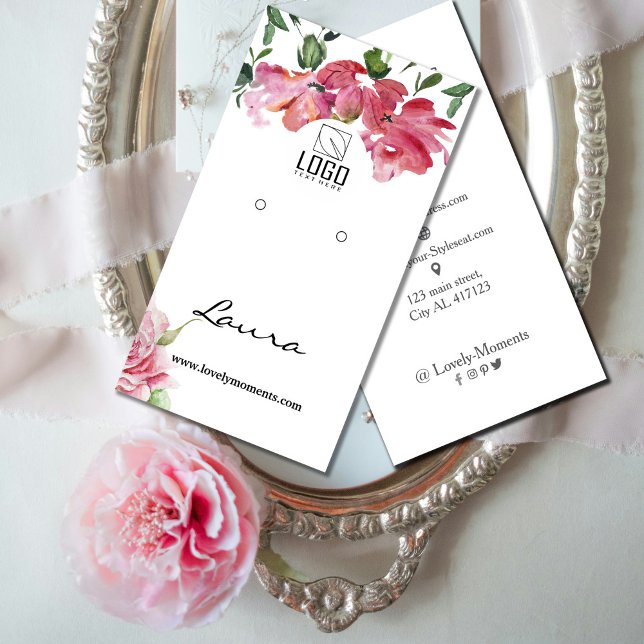 Hand-painted watercolor flowers earring display  business card (Hand-painted watercolor flowers earring display business card #flowersearrringdisplaycard #zazzle)