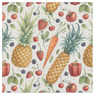Hand-Painted Watercolor Fruits & Veggies Pattern Fabric
