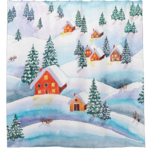 Hand painted watercolor illustration of the winter shower curtain