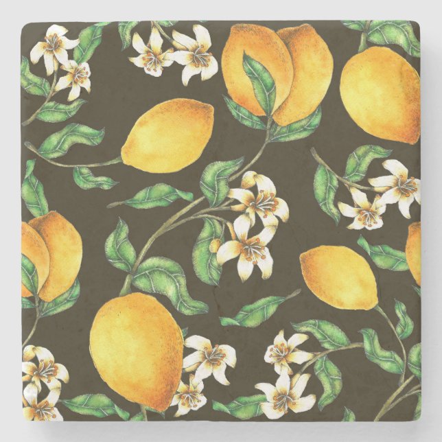 Hand Painted Watercolor Lemon Pattern Stone Coaster (Front)