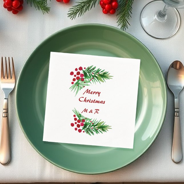 Hand Painted Watercolor Pine Wreath, Red Berries Napkin (Creator Uploaded)