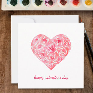 Hand Painted Watercolor Rose Heart Valentines Day Holiday Card