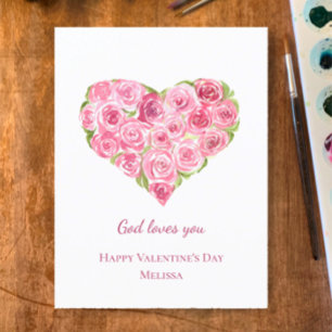 Hand Painted Watercolor Roses Heart Valentines Day Holiday Postcard