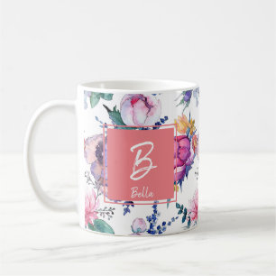 Hand Painted Watercolor Roses Monogram Mug