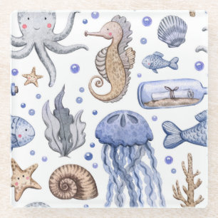 Hand-Painted Watercolor Sea Pattern. Glass Coaster