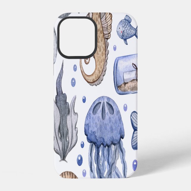 Hand-Painted Watercolor Sea Pattern. iPhone Case (Back)