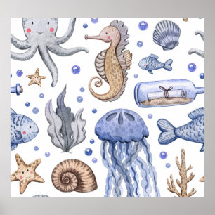 Hand-Painted Watercolor Sea Pattern. Poster