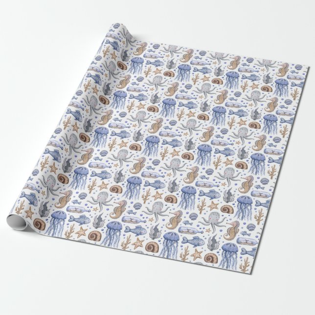 Hand-Painted Watercolor Sea Pattern. Wrapping Paper (Unrolled)