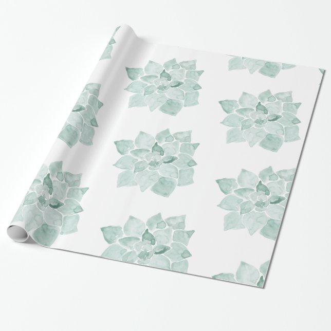 Hand Painted Watercolor Succulent Echeveria Green Wrapping Paper (Unrolled)