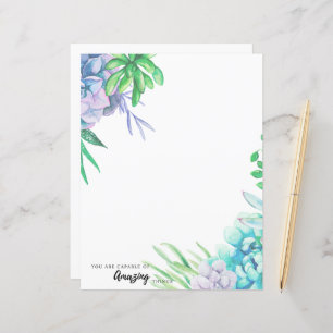 Hand Painted Watercolor Succulent Stationery Paper