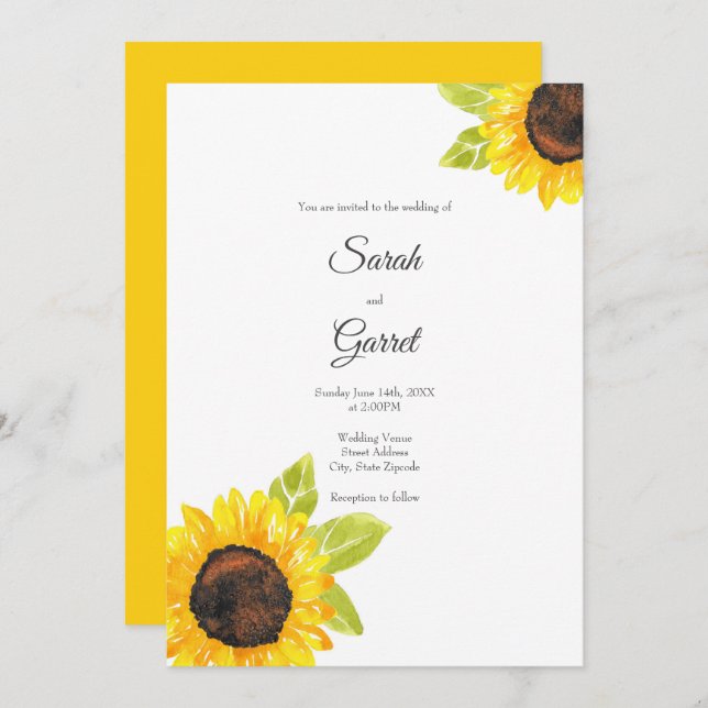 Hand Painted Watercolor Sunflower Invitation (Front/Back)