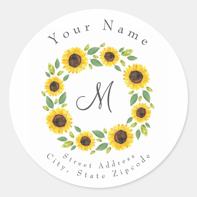 Hand Painted Watercolor Sunflower Wreath Classic Round Sticker (Front)
