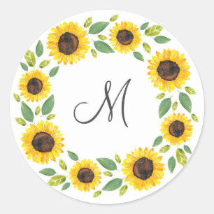 Hand Painted Watercolor Sunflower Wreath Classic Round Sticker