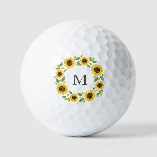 Hand Painted Watercolor Sunflower Wreath Golf Ball (Front)